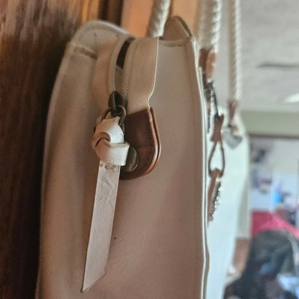 Bueno White & Cognac Faux Leather Shoulder Bag Country Chic Boho Handbag